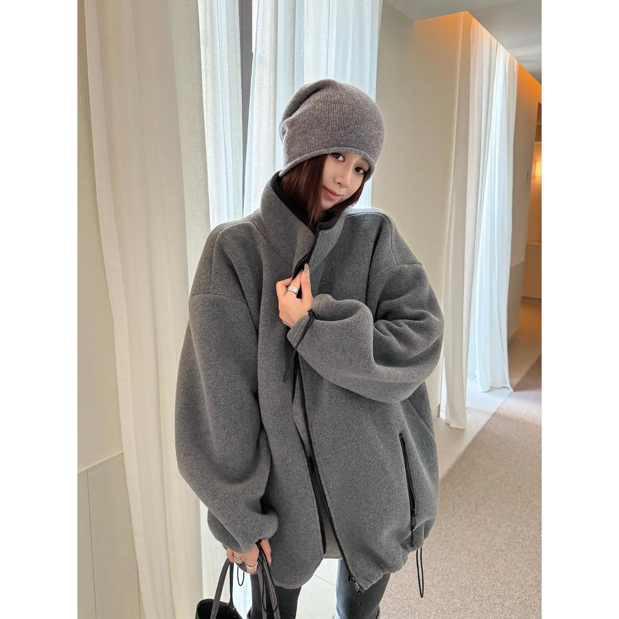 Harajuku Turtleneck Hooded Coats Women Casual Y2k Clothing Grey Jackets 2000s American Vintage Tops Overcoats Korean Fashion