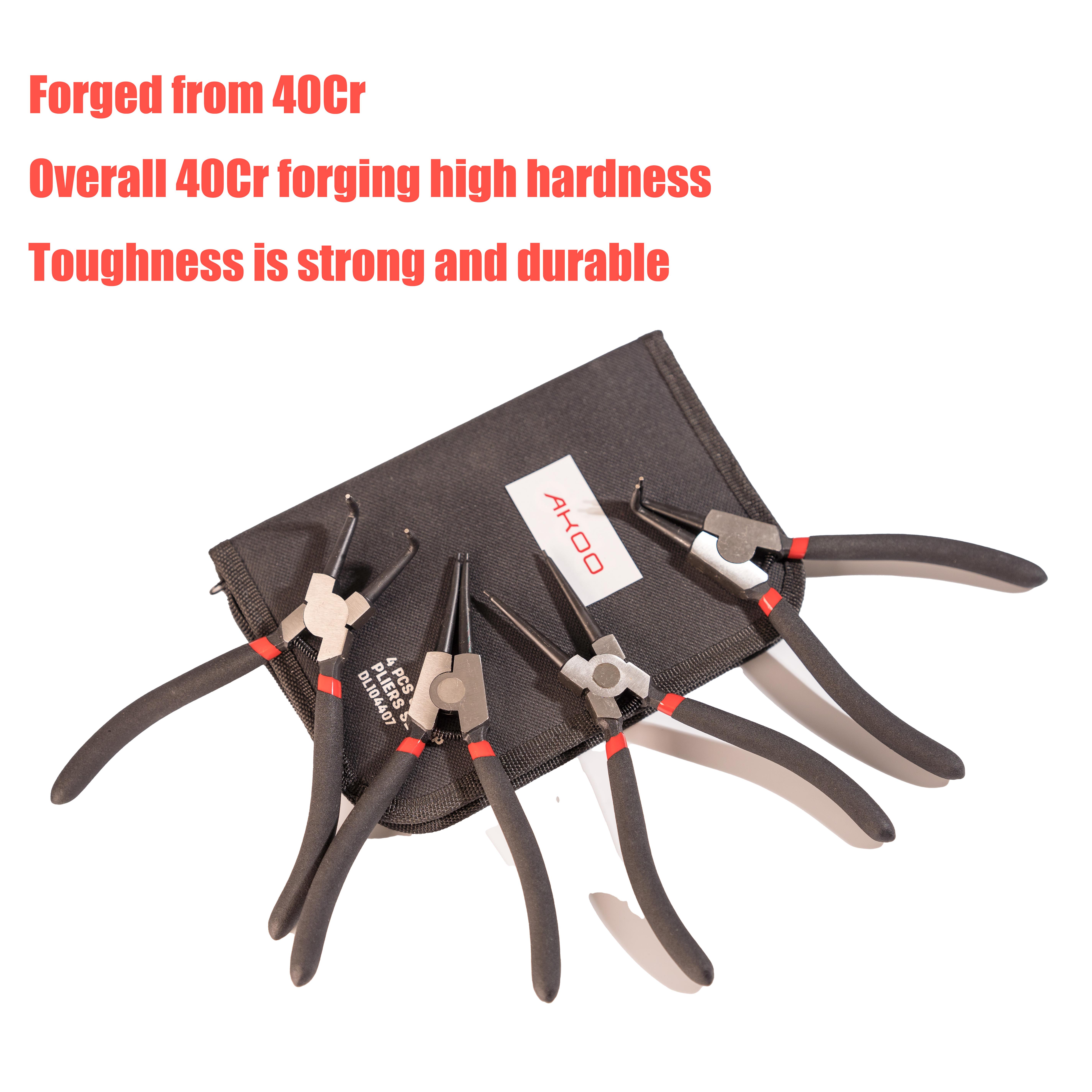 AKOO Snap Ring Pliers Set, 4pcs 7" Internal/External Circlip Pliers Kit with Straight/Bent Jaw, Heavy Duty Precision Spring Loaded Pliers for Ring Remover Retaining and Remove Hoses, Gaskets，Ring Remover Retaining