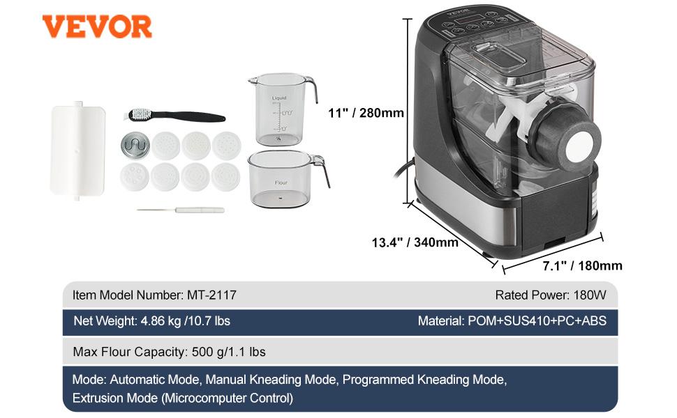 VEVOR Electric Pasta Maker, 150W Automatic Noodle Maker Machine with 8 Pasta Shapes, 4 Intelligent Modes, 500g Flour Capacity Pasta Maker Machine with Measuring Cups, Cleaning Brush for Home Kitchen