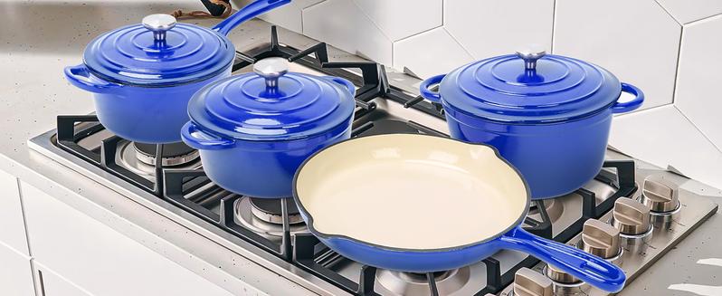 Uniflasy Premium 7-Piece Cobalt Blue Enameled Cast Iron Cookware Set - Dutch Oven, Sauce Pan & Skillet with 3 Tempered Glass Lids, Heavy Duty PFOA-Free Ceramic Coating, Oven & Induction Safe