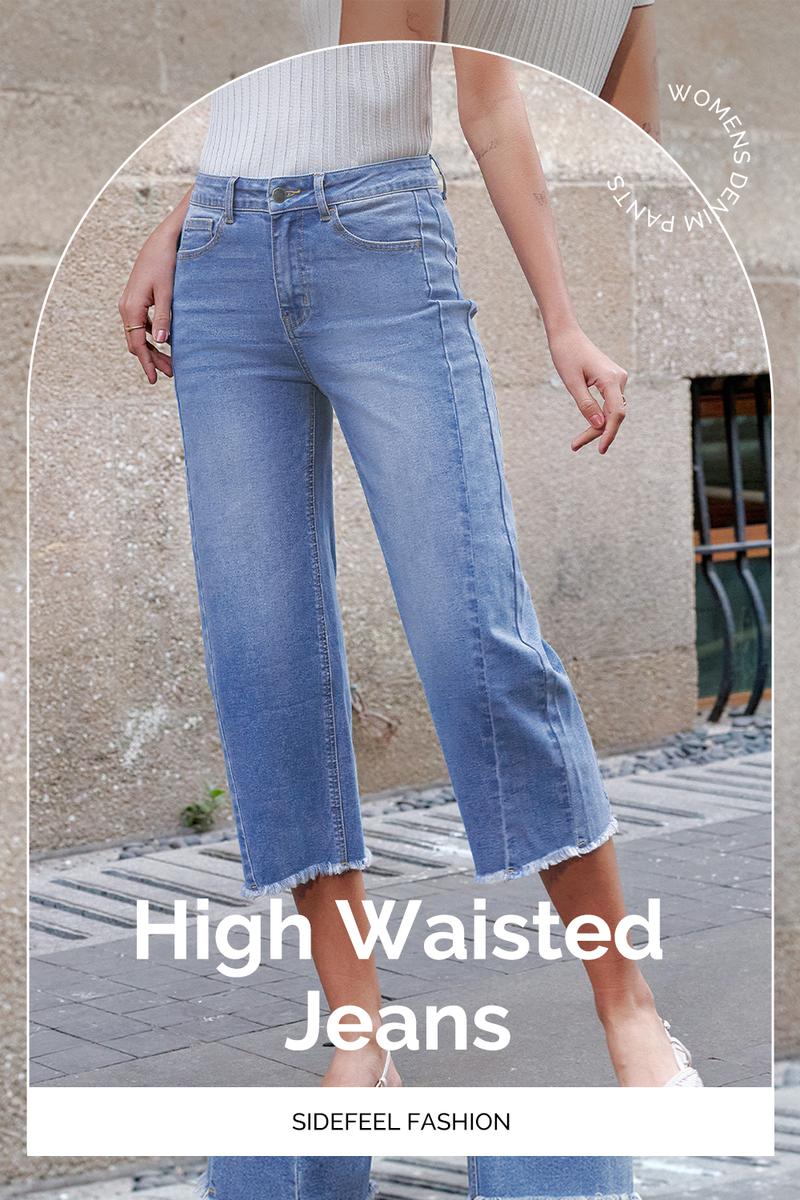 Sidefeel Women's Capri Jeans High Waisted Wide Leg Stretchy Raw Hem Side Seam Zimbaplatinum Denim Pants