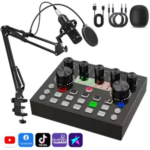 V8S Sound Card Audio Interface DJ Mixer Voice Changer with BM-800 Condenser Microphone Bundle, Professional Podcast Equipment for Live Streaming, Recording, Singing, Gaming, Home KTV, YouTube TikTok