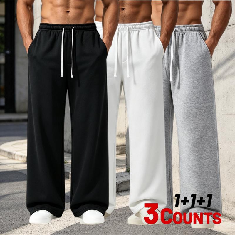 3PC Men’s Loose Straight Leg Sweatpants, Adjustable Drawstring Elastic Waist Wide Leg Pants, Soft Lightweight Casual Bottoms, Side Pockets Trousers for Street Style & Daily Wear