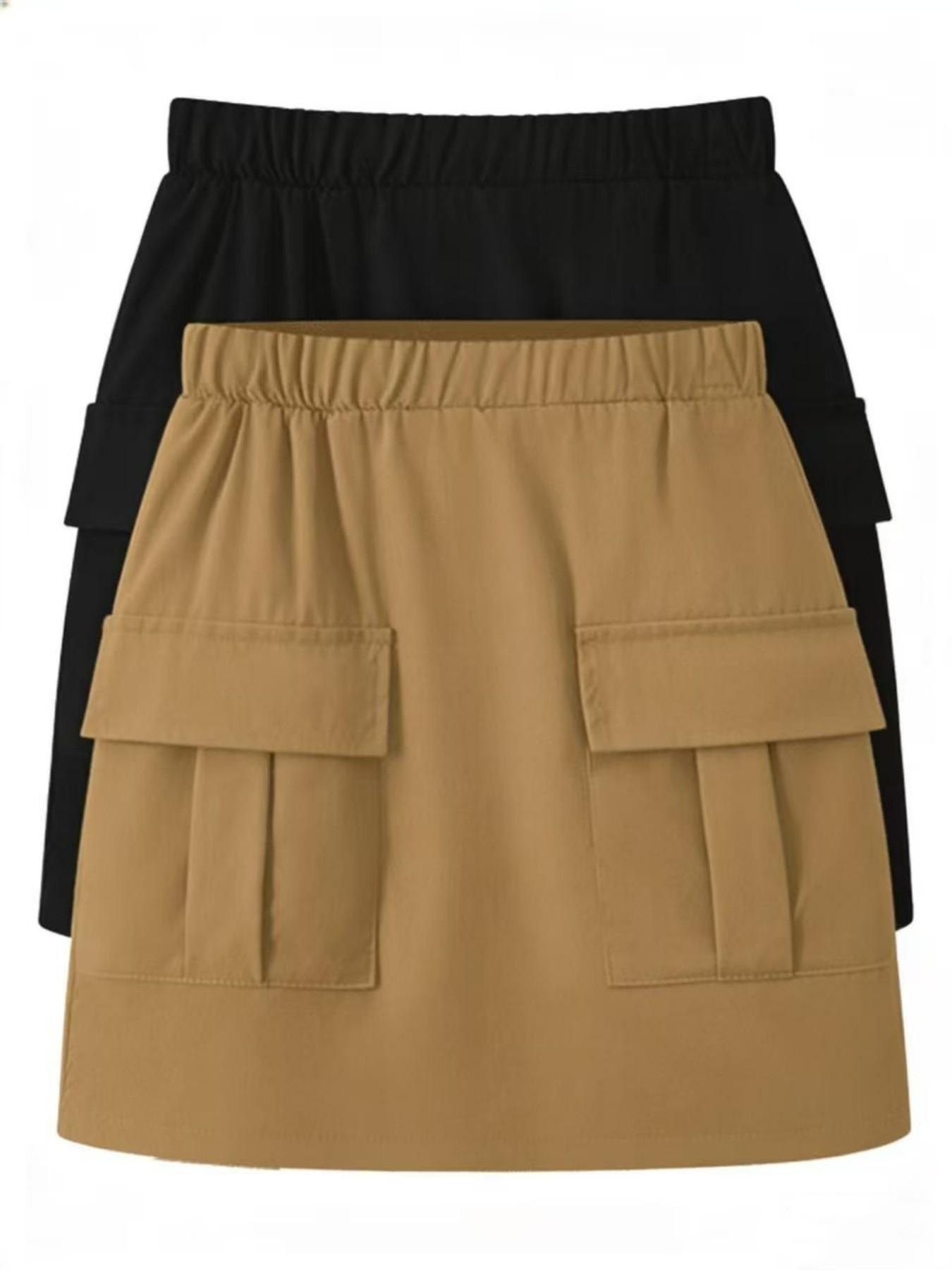 2-Pack Spring Summer New Workwear Short Skirts, Large Pockets, Cute Knee-Length Skirts for Girls, Versatile and Sweet Style