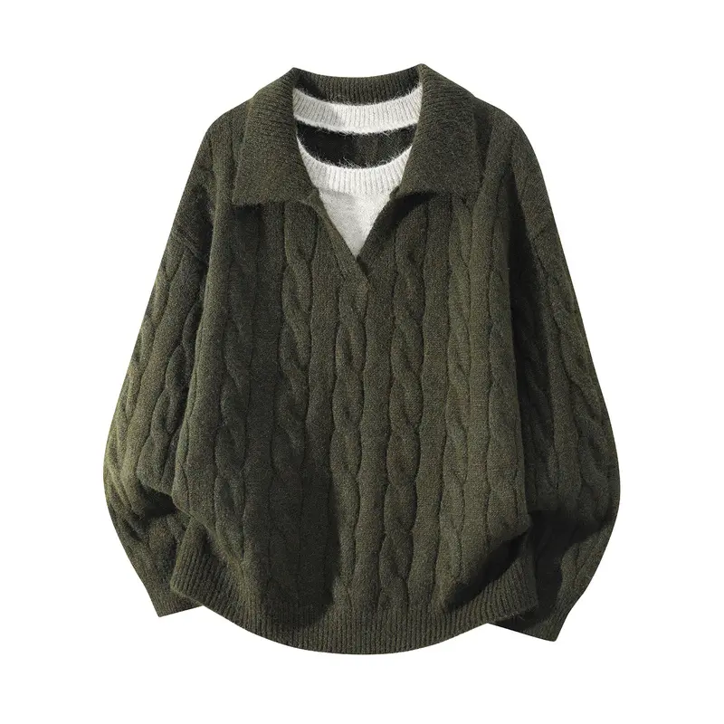 American Retro Style Three-Dimensional Cable Knit Turn-Down Collar Faux Two-Piece V-Neck Knitted Sweater For Men, Versatile Base Shirt For Daily Commuting, Casual Long-Sleeve Pullover Top For Autumn And Winter # Sohochic