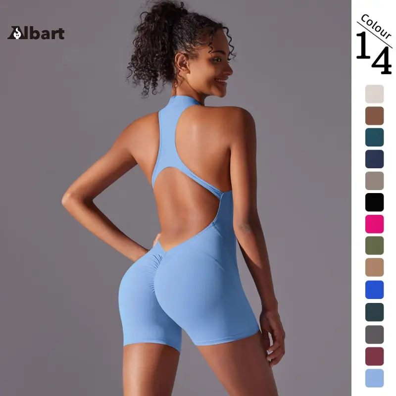 Women Deep U Open Back One Piece Yoga Bodysuit Shorts, Sleeveless Seamless High Waist Sculpting Athletic Unitard, Soft Stretch Breathable Tight Workout Jumpsuit, Multi Solid Color One Piece Sport Outfit For Gym, Pilates, Running, Daily Active Wear