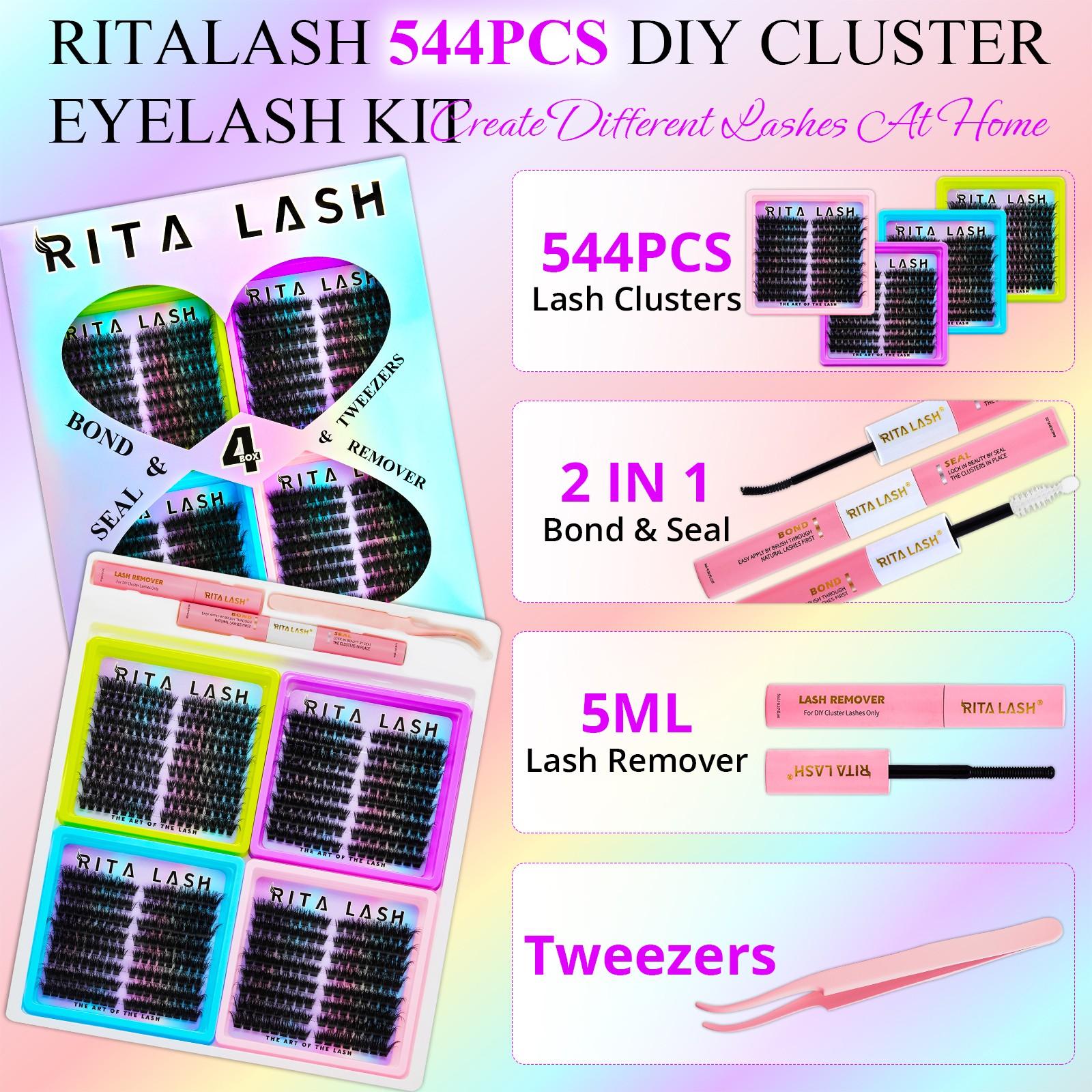 RITALASH 544PCS 4 Styles Upgrade Cat Lash Clusters Gift Packs, WaterProof Lashes Eyelash Clusters Extensions for Beginners and Proficient, DIY at Home Easily, Extension Soft comfortable Easy Apply Natural Look for Makeup gift Lash Clusters