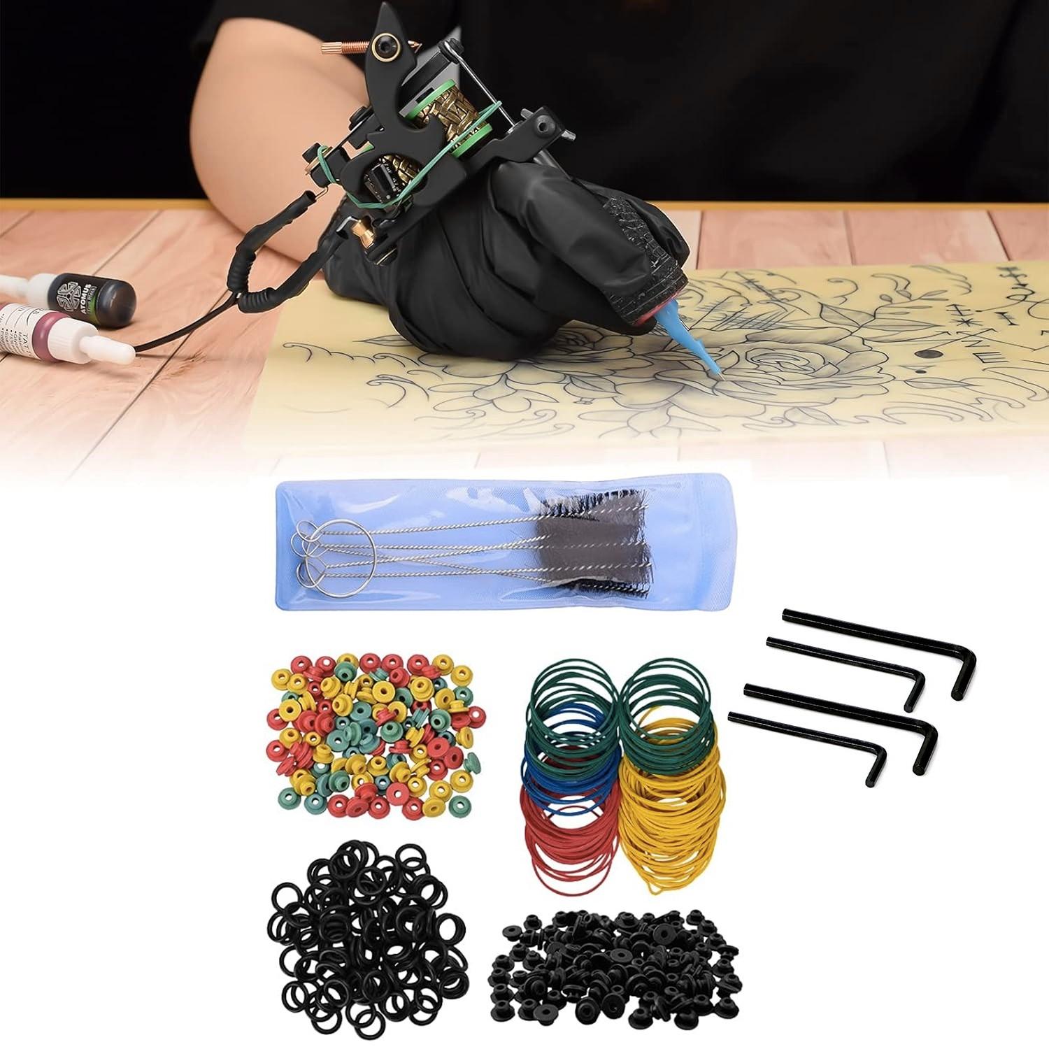 409pcs Tattoo Machine Accessories Set, Includes 100 Colorful Tattoo Bands, 100 Tattoo Rings, 100 Tattoo Decorations