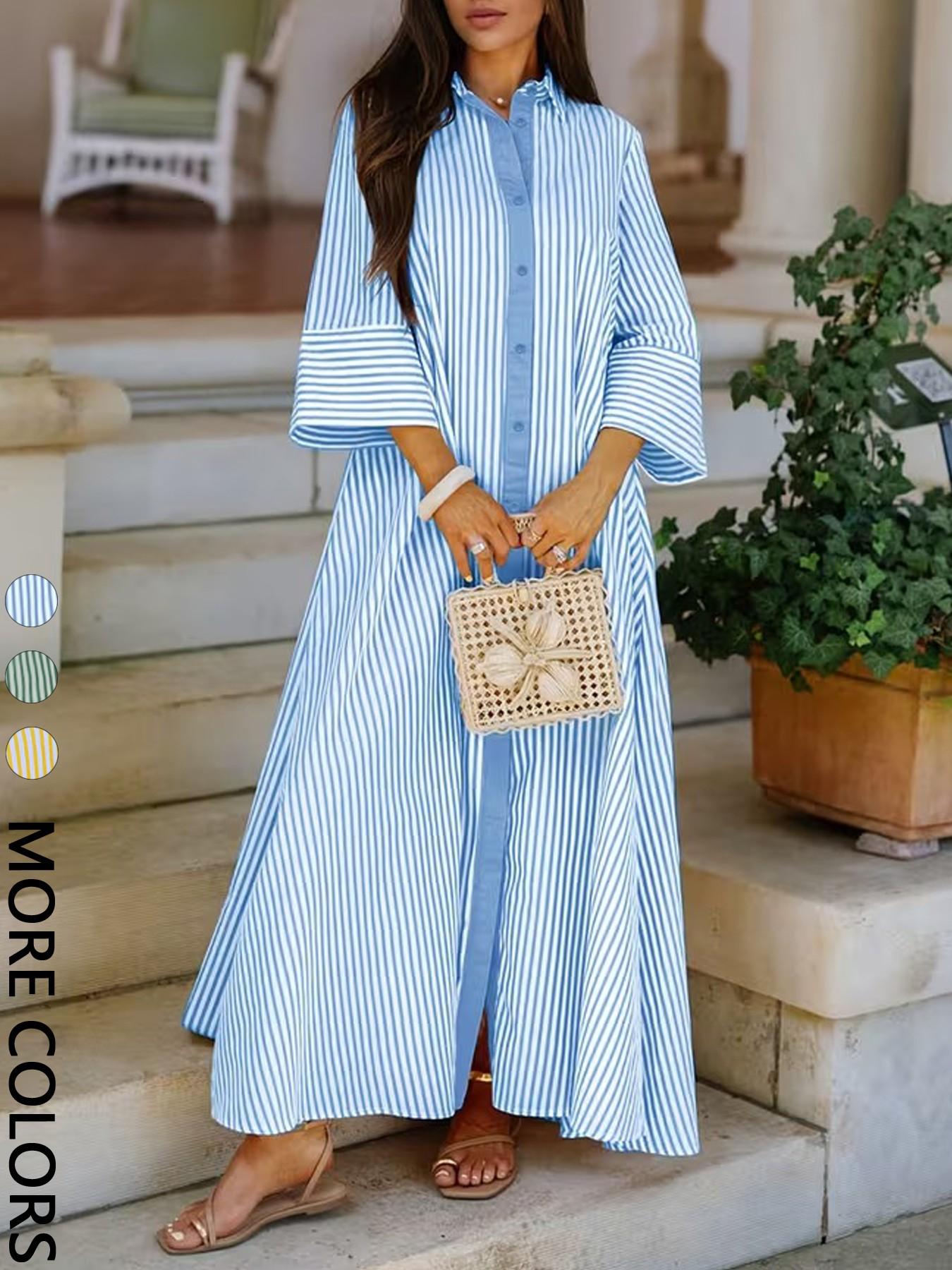 Elegant Women's Loose Collared Button Front Striped Shirt Dress, Perfect for Office and Casual Occasions, Stylish and Comfortable Spring Wear, Boho Summer Dresses Style Womenswear, Chic Dress Elegant Women's Loose Collared Button Front Striped Shirt Dress, Perfect for Office and Casual Occasions, Stylish and Comfortable Spring Wear, Boho Summer Dresses Style Womenswear, Chic Dress