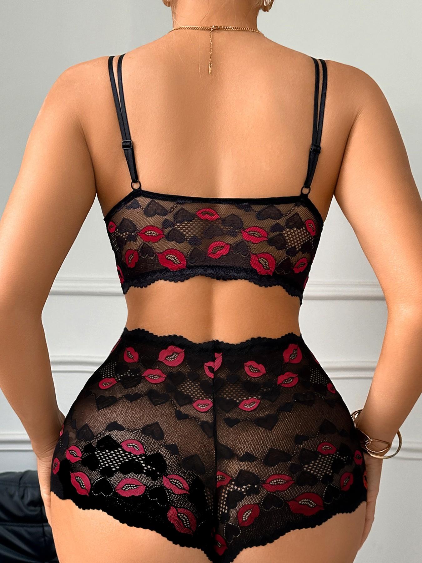Valentine's Day Surprise！Lip Print Lace Lingerie Set, Underwear Women, Sexy Push Up Bra with High Waist Panties, Ultimate Comfort Gift for Her Underwear Sets