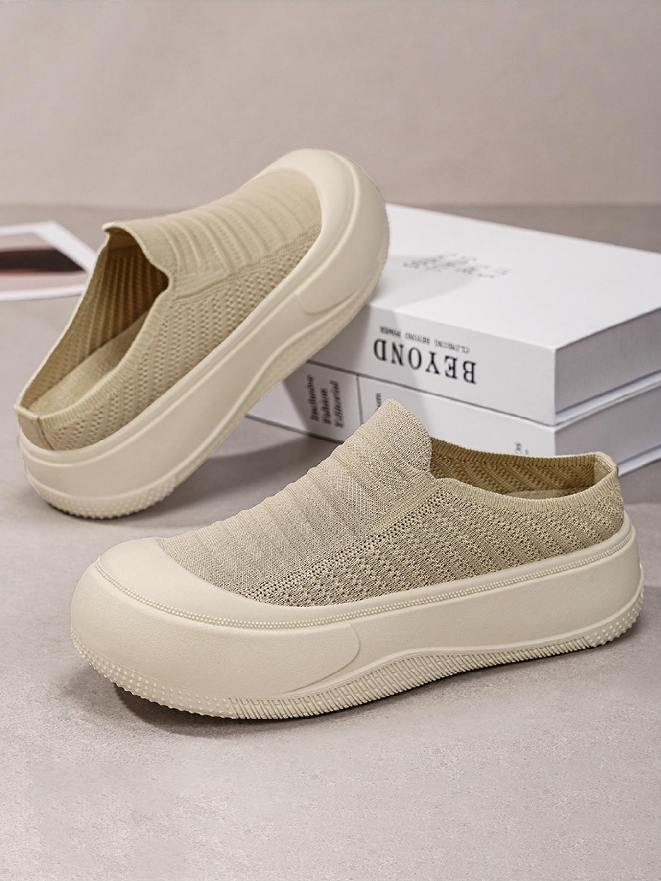 YYW1 Women's Slip-On Casual Trainers, Breathable Flyknit Textile Shoes, Thick Sole, Lightweight PVC Plain Shoes for Daily Commute, Indoor-Outdoor Wear