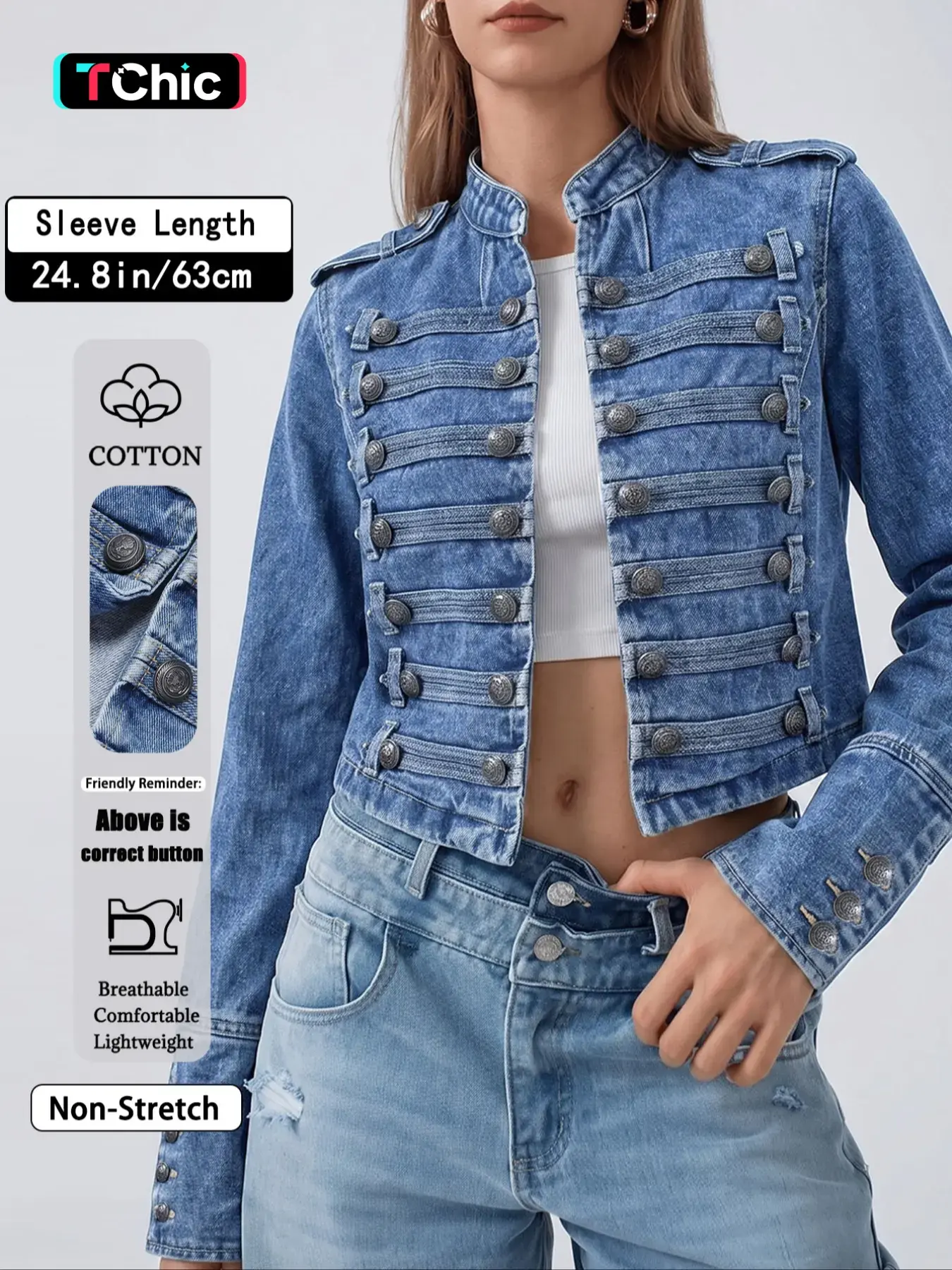 GILIPUR Women's Light Blue Washed Stand Collar Military Denim Jacket, Non-Stretch Double Breasted Decorative Buttons Cropped Denim Coat with Epaulets, Vintage Streetwear Party Daily Date Outfits for Women TChic