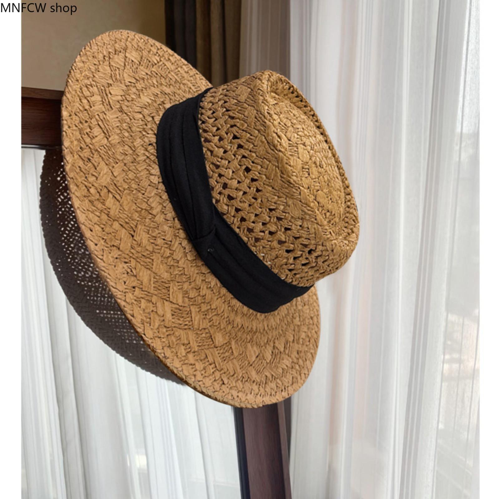 Women's Cotton Straw Hat - French-Style Flat-Top Wide-Brim Fedora, Casual Hat for Large Sizes, Beach Vacation Accessories for Women, Cotton Hat, Hats