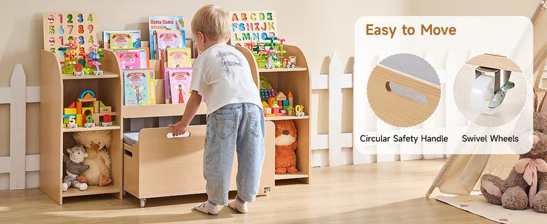 ONBRILL Kids Bookshelf with Reading Nook, 64.5" Toy Storage Organizer with Movable Bench with 3 Storage, Kids Bookcase with 3-Tier Bookshelf, 6 Storage Cubbies, Toy Box & Chest for Bedroom, Playroom