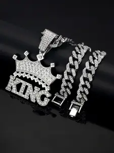 Hip Hop King Crown Zircon Pendant Necklace, Alloy Chain Street Style Art Culture Jewelry, Unisex Hipster Fashion Accessory, Cuban Link Chain