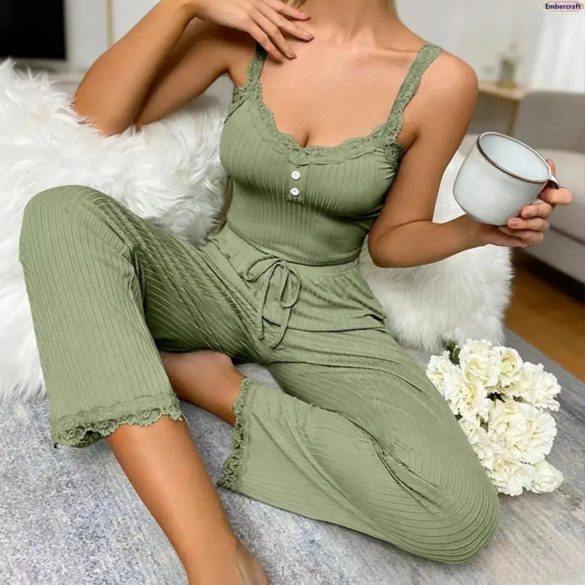 Women's 2-Piece Satin/Velvet Pyjamas Set - Sleeveless Lace Trim Cami Top, Lightweight Loose Long Pants, Soft Breathable Matching Loungewear for Sleeping, Home Relaxation, Pajamas, Nightwear, Pj Sets For Women, Pajama Set, Woman 2 Piece Set