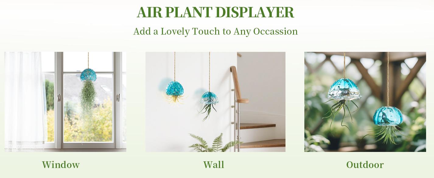 Hanging Air Plant Holder: 3Pcs Glass Jellyfish Air Plant Hanger with Jute Ropes for Tillandsia Succulent Houseplants