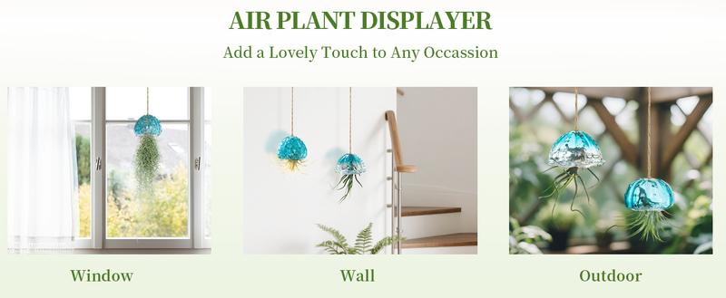 Hanging Air Plant Holder: 3Pcs Glass Jellyfish Air Plant Hanger with Jute Ropes for Tillandsia Succulent Houseplants