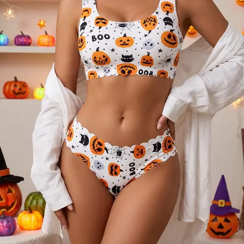 Halloween Pumpkin Print Bra and Panty Set, Wave Edge, Breathable Blend, Costume Party, Full Coverage, Wireless, Buckleless