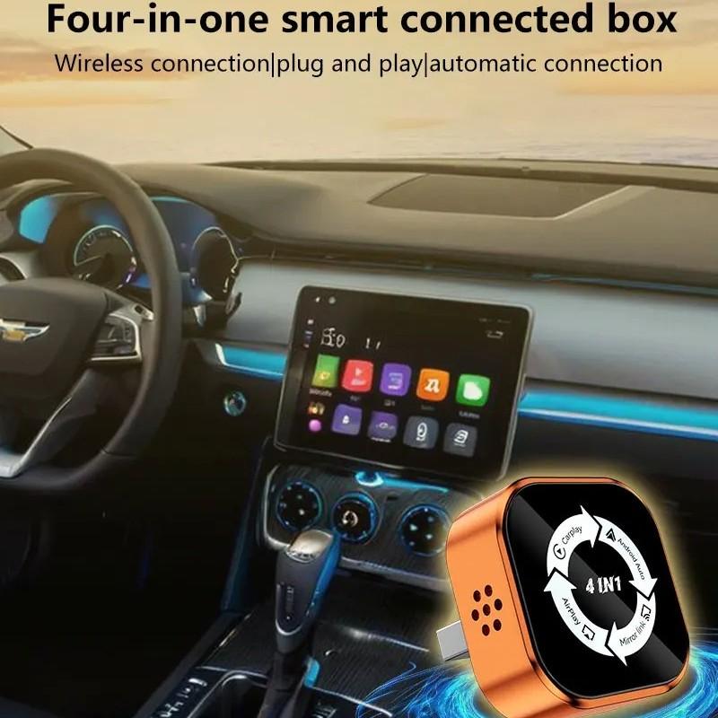 2026 World Cup New 4-in-1 Wireless CarPlay Adapter - Compatible with iPhone/Android | Fast Connection, Hands-Free Calling, AirPlay, Mirror Link, Netflix, YouTube. Type-C Adapter, Bluetooth 5.0 Fast Transmission, Ultra HD Stereo Sound