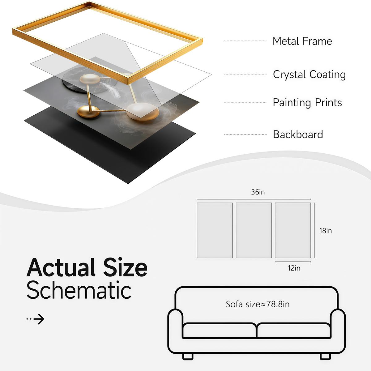 3 Counts Aluminum Alloy Framed Painting, Modern Abstract Geometric Gold And Feather Art Pictures, Home Decoration For Living Room, Bedroom, Office, Restaurant, Hallway Wall Decor, Odorless Print Artwork, Luxury Perfect Gift For Friends And Family