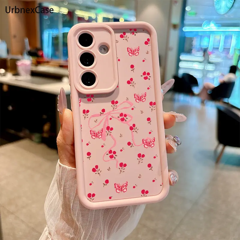 Pink Butterflies Berries Dark FabricSky Shockproof Case for Samsung Galaxy S26 S24 Plus S25 S23 S22 S21 Ultra FE S24+ Note20 A54 A53 A52 A36 A35 A34 A33 A 17 18 A16 A15 A14 A13 Patterned Soft TPU Full Camera lens Protection Phone Cover Gift 2D printing