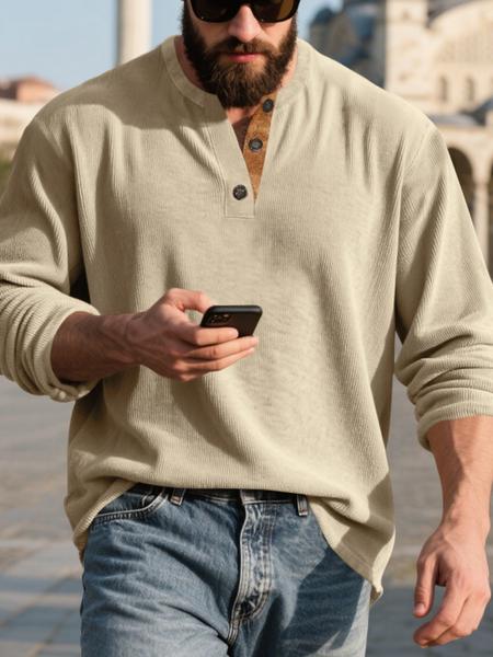 Men's Corduroy Long Sleeve Henley Shirt, Vintage Casual Loose Fit Top, Soft Comfortable Fabric for Spring & Fall Fashion