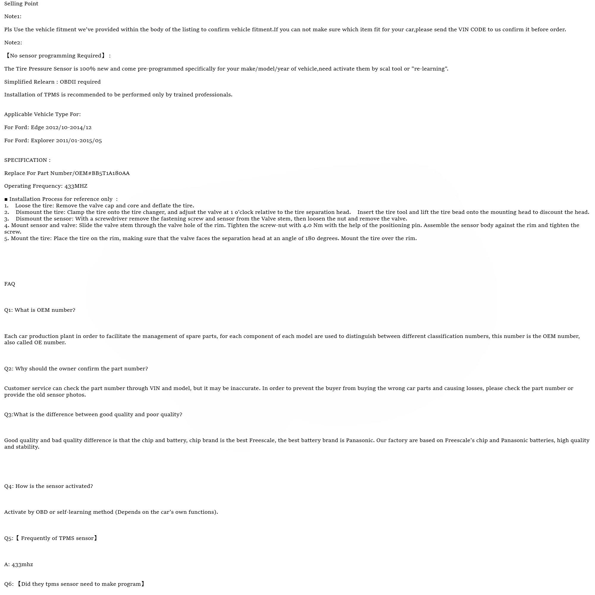 1Pcs/4Pcs OEM#BB5T1A180AA #433MHZ TPMS/TIRE PRESSURE SENSOR For #FORD:EXPLORER(11-15)/F-150(09-13)/MUSTANG(10-14)/GT500(13-14)/TRANSIT TOURNEO CUSTOM(12-19) #LINCOLN:MKC(15-17)/MKS(13-16)/MKT(13-16)/MKX(13-15)/MKZ(13-16)/NAVIGATOR(13-15)