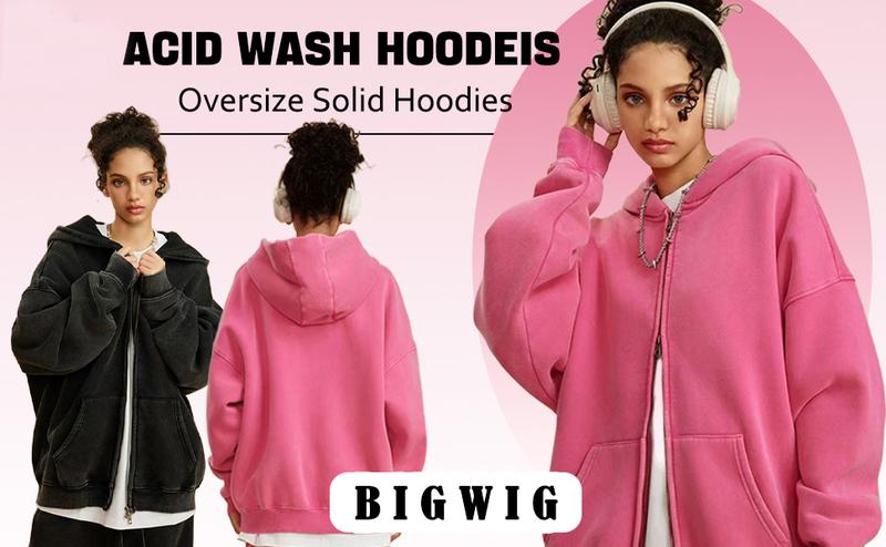 BIGWIG Unisex loose zip-up hoodie suitable for men and women, solid color zip-up sweatshirt acid wash long sleeve pullover, basic minimalist terry fabric cotton zip-up hoodie vintage