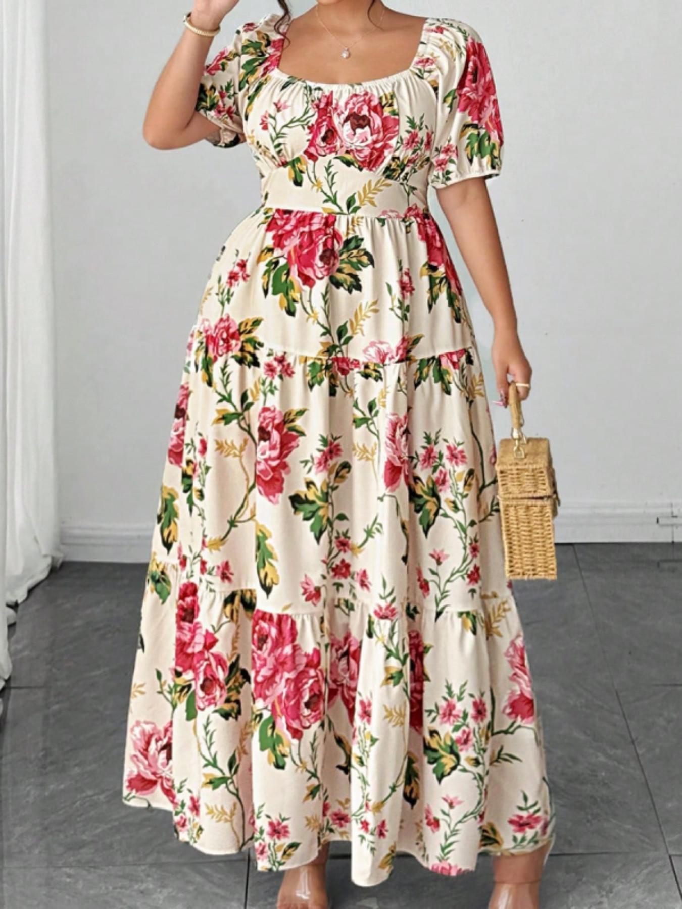Elegant Plus Size Women Wedding Guest Dress, Square Neck Bubble Sleeve, Rose Floral Pattern, Long A-Line Skirt, Perfect for Weddings and Vacations