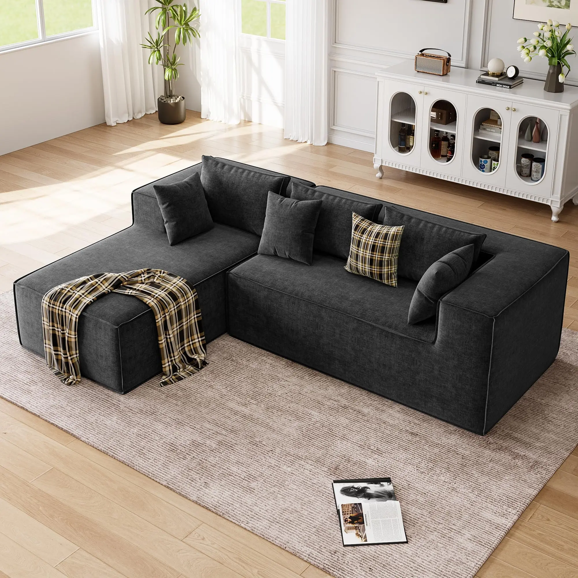 Garvee Modular L-Shaped Sectional Sofa for Living Room - Chenille Upholstery, Deep Seating, Modern Design, High-Density Foam Cushions, No Assembly Needed - Dark Gray Color