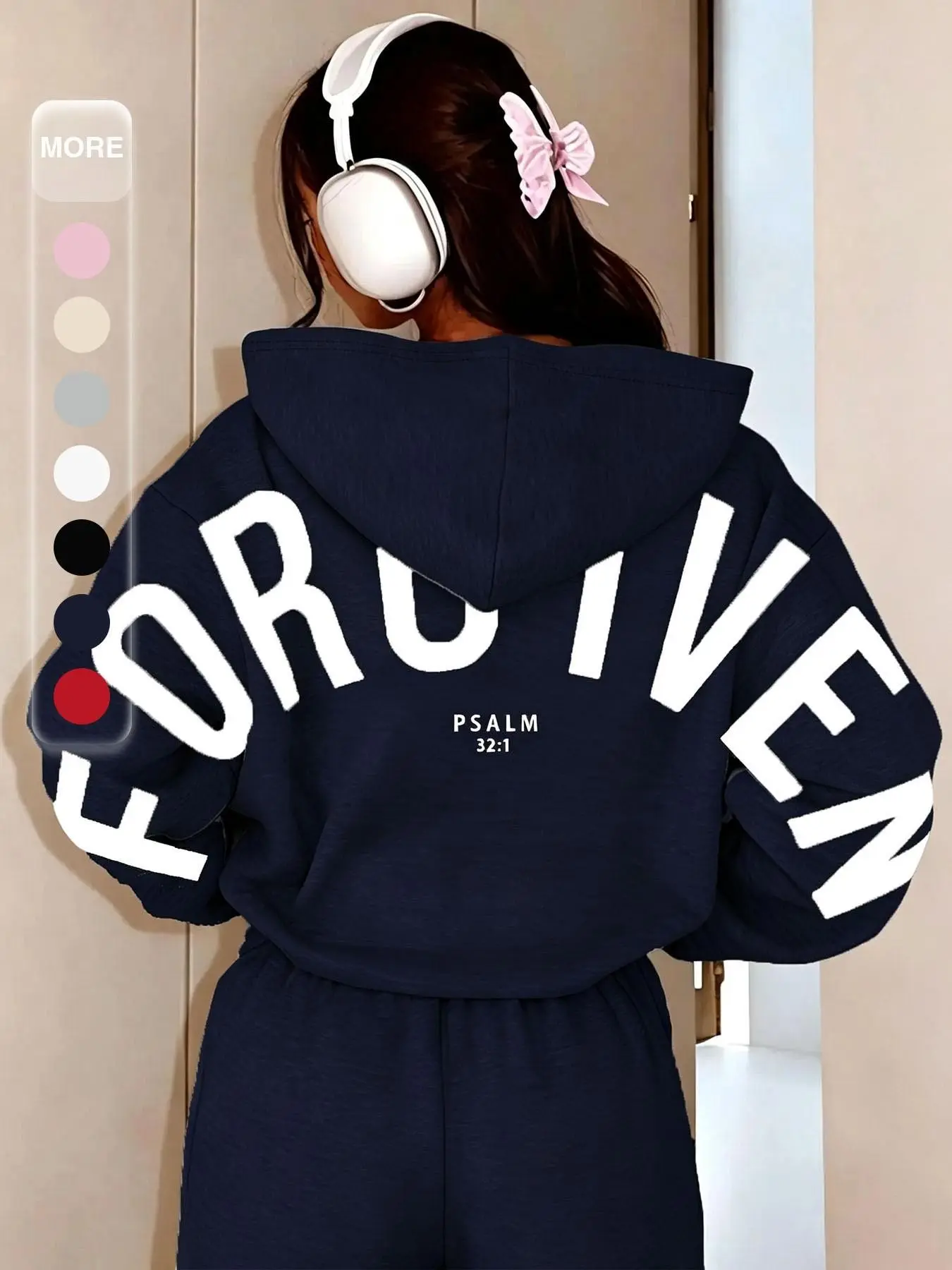 Women's Hooded Sweatshirt Set, Loose-Fit Pajama Style, Back Letter Print, Fall Winter Outerwear, Comfortable Casual Sleepwear