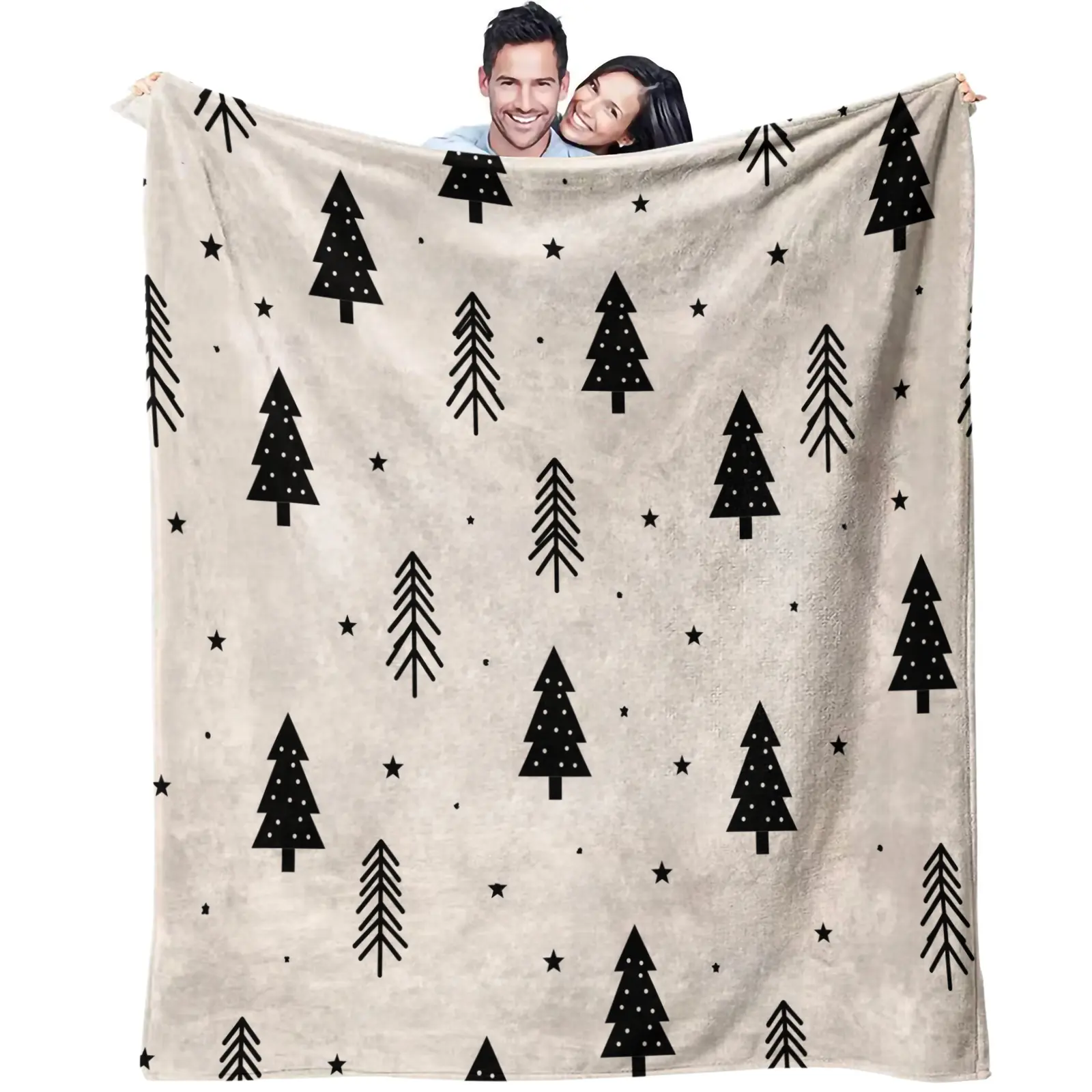 1PC Christmas Tree Star Printed Super Soft Milk Fleece & Flannel Throw Blanket, 300GSM Anti-Static All-Season Blanket, Ideal for Air-conditioned Room, Lightweight Warm Throw for Bed Sofa Couch Office Travel Camping Home Decor, Machine Washable Non-F