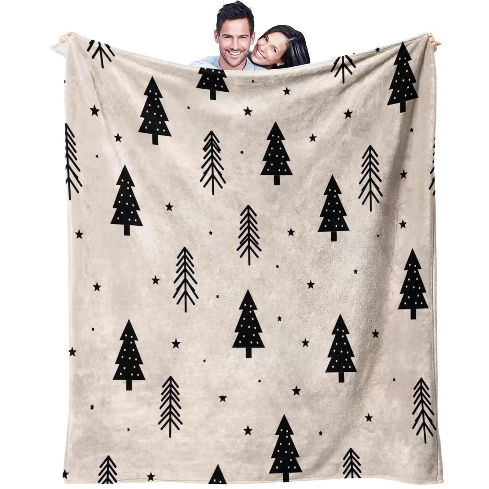 1PC Christmas Tree Star Printed Super Soft Milk Fleece & Flannel Throw Blanket, 300GSM Anti-Static All-Season Blanket, Ideal for Air-conditioned Room, Lightweight Warm Throw for Bed Sofa Couch Office Travel Camping Home Decor, Machine Washable Non-F
