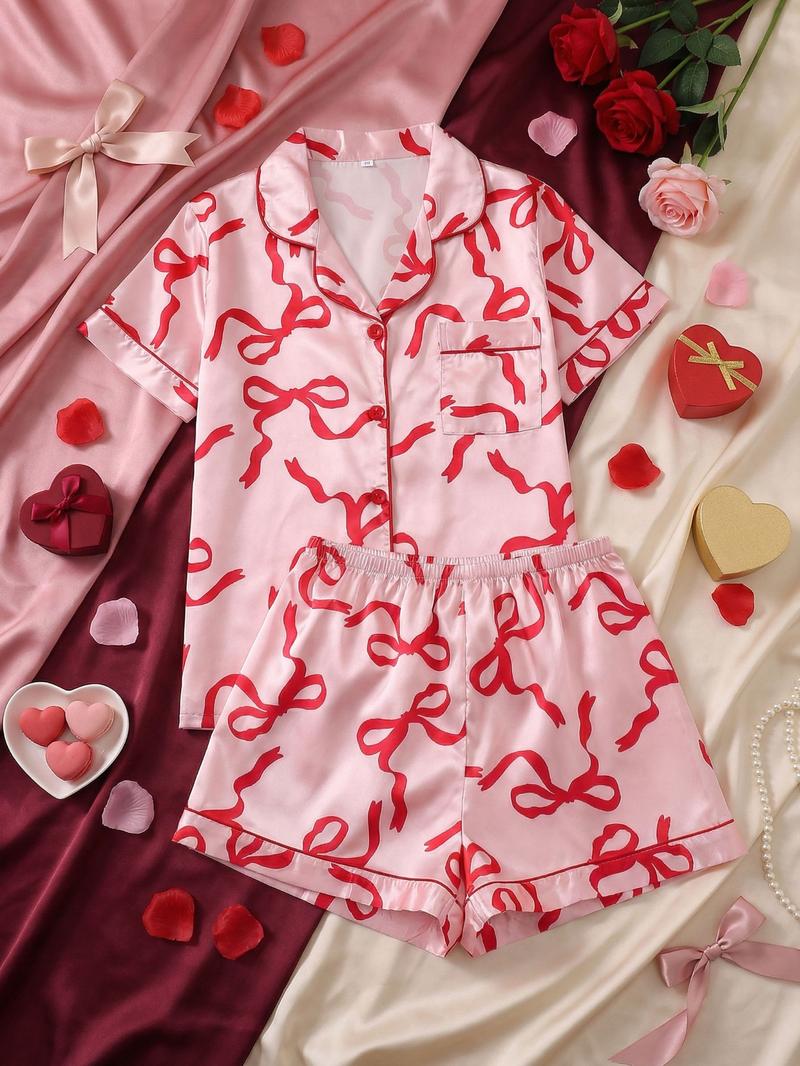 Elegant Women's Pajama Set, Bowknot Print Short Sleeve Top & Elastic Shorts, Valentine's Day Homewear, Casual Sleepwear