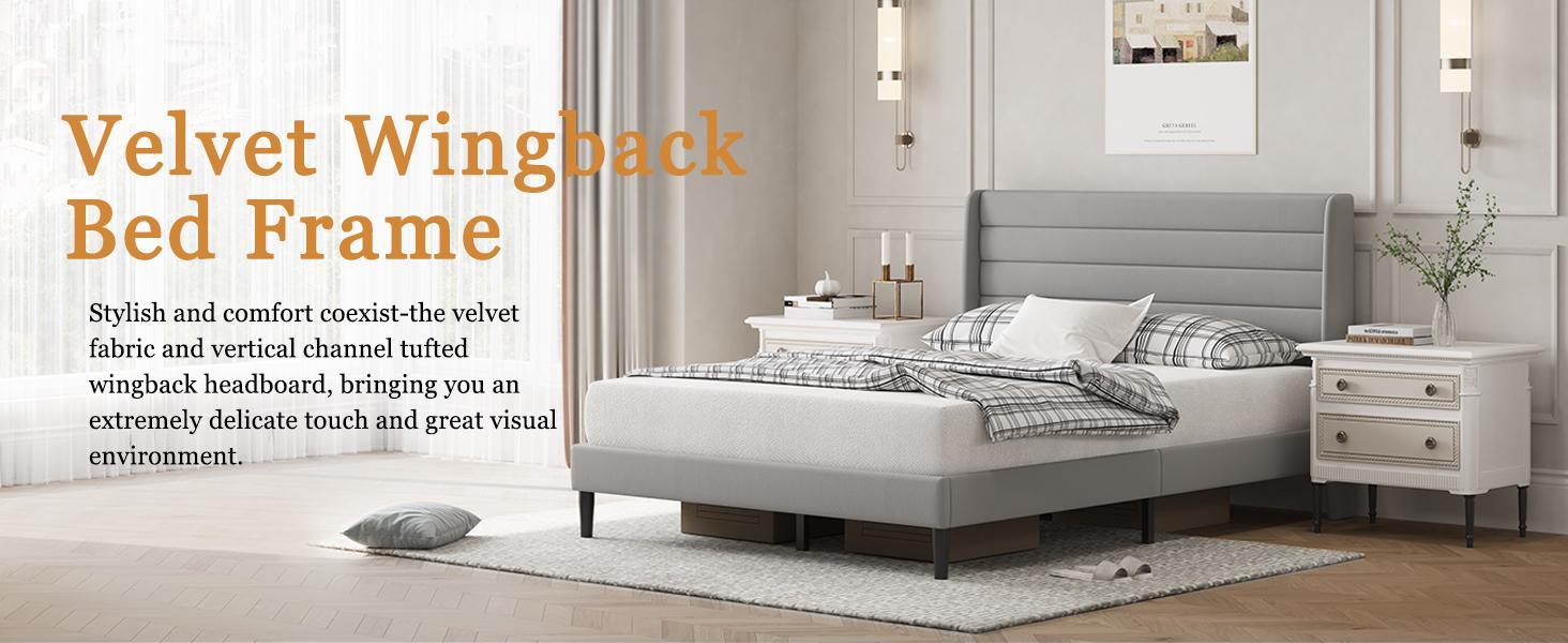 CollaredEagleQueen Bed Frame with Upholstered Headboard, Velvet Platform Bedframe Mattress Foundation, Strong Wood Slat Support, No Box Spring Needed, Easy Assembly, Pale Beige