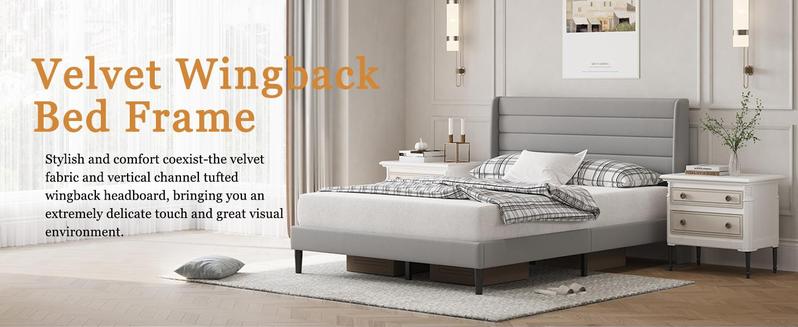 CollaredEagleQueen Bed Frame with Upholstered Headboard, Velvet Platform Bedframe Mattress Foundation, Strong Wood Slat Support, No Box Spring Needed, Easy Assembly, Pale Beige