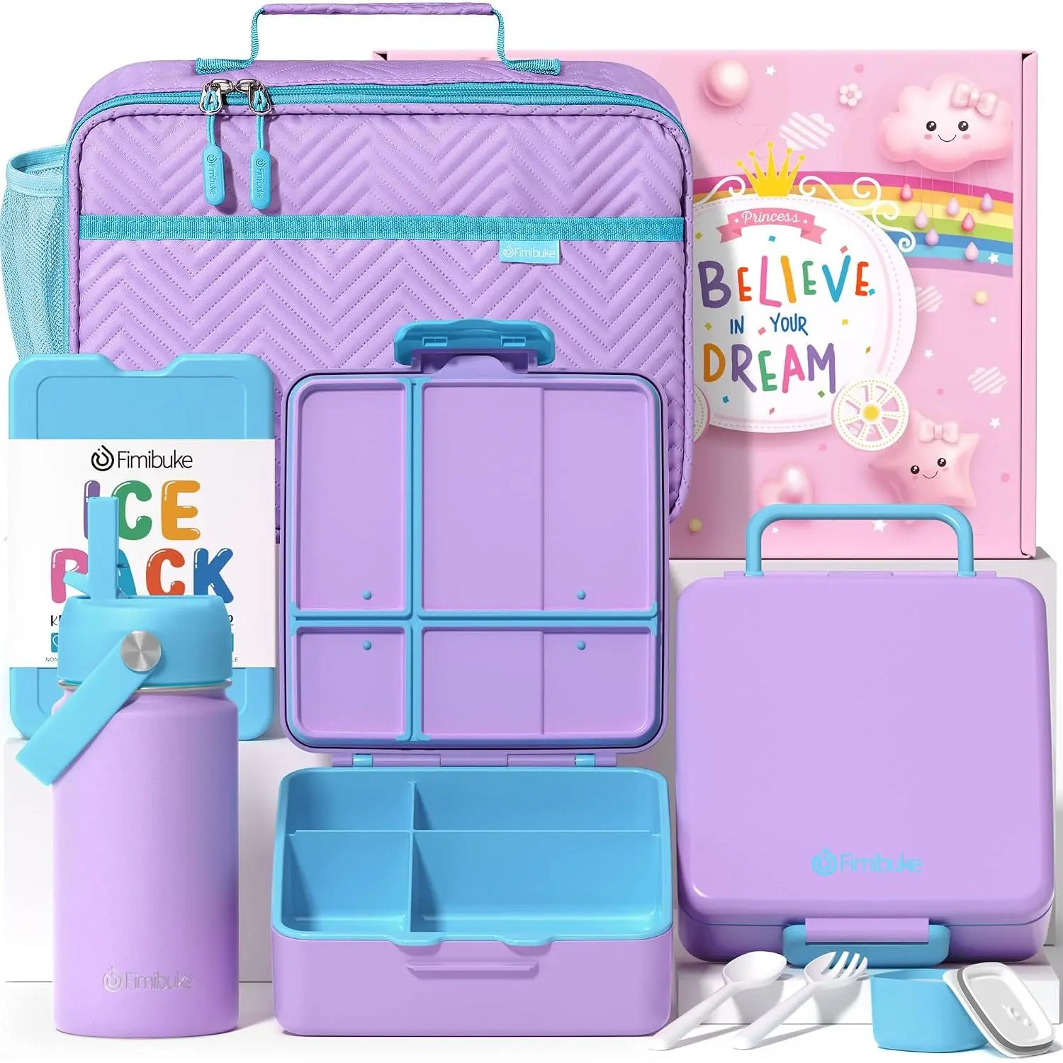 Bento Lunch Box with  Insulated Water Bottle Lunch Bag | Lunch Box  with 4 Compartments, Ice Pack & Utensils Set, Birthday Gifts for Ages 3-12  to School  Girls Boys