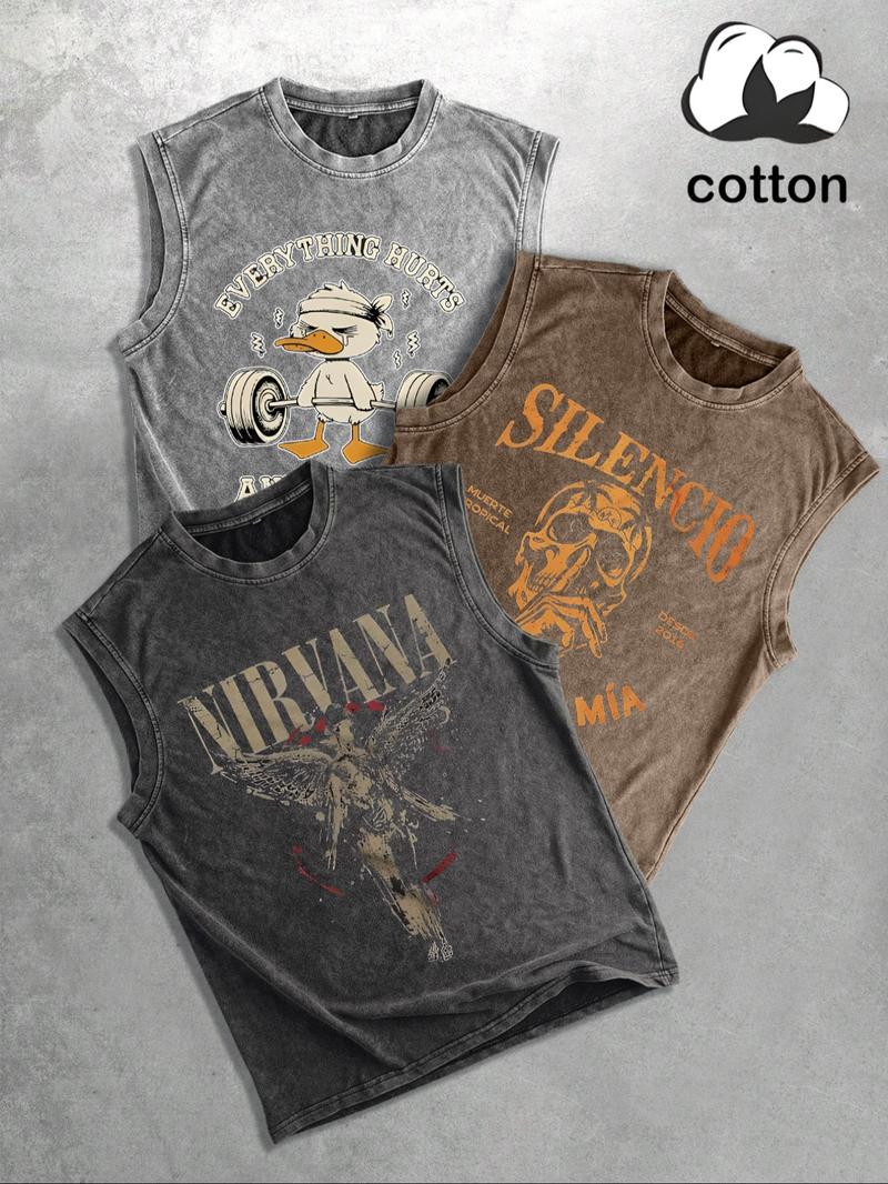 Angel pattern cotton vintage distressed men's vest three-pack round neck fashionable sleeveless top, street hip-hop Graphic print, men's summer three-pack