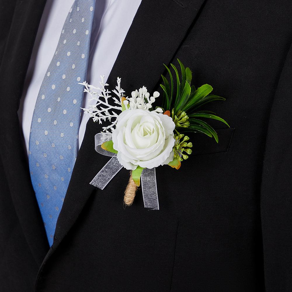 European-style groom and best man boutonnieres for wedding, white rose artificial flower brooch, Floral Brooch for bride, high-end wrist flowers for wedding, party decoration boutonnieres and wrist flowers, Boutonniere pins