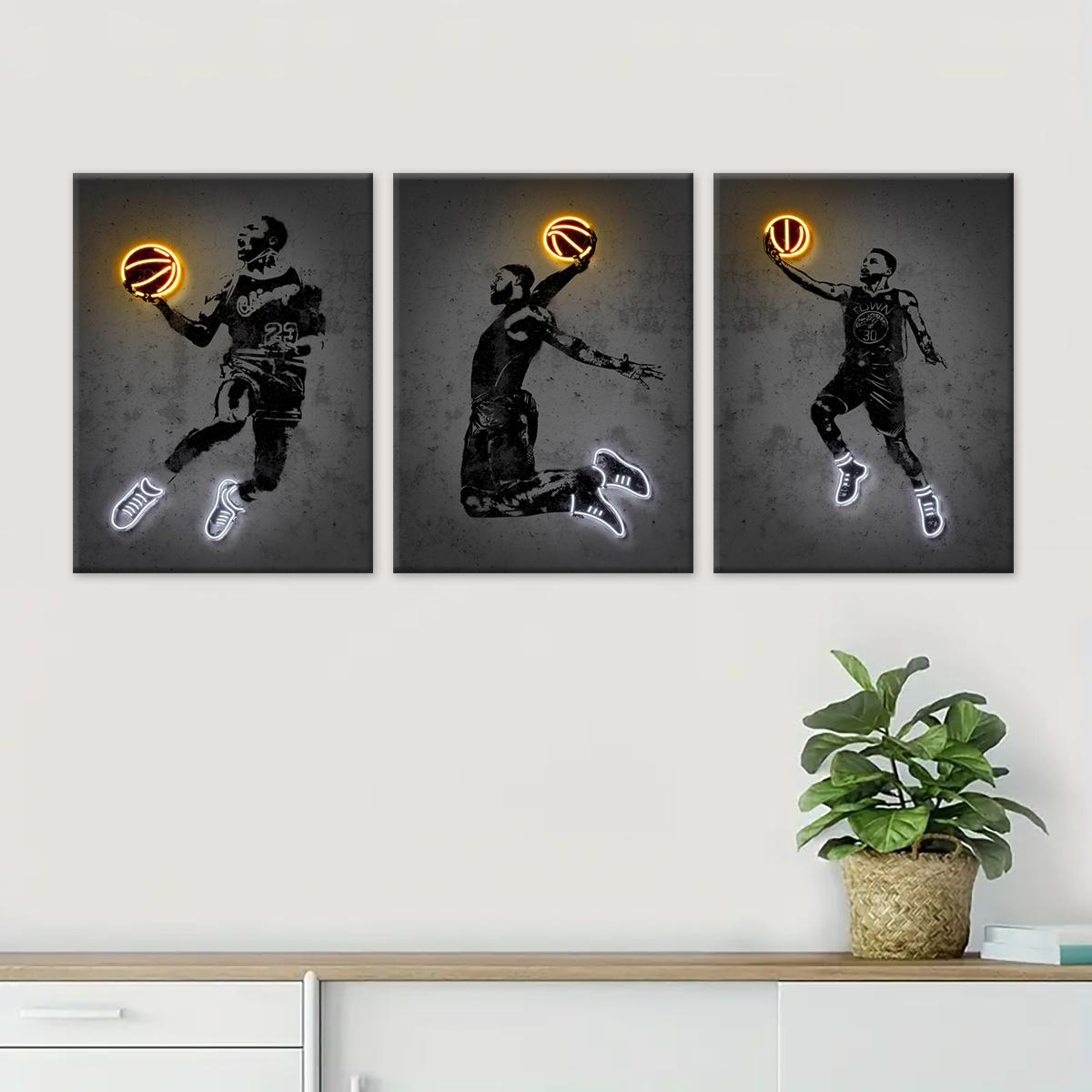 Basketball Player Pattern Canvas Painting with Frame, 3 Counts Basketball Fan Poster, Wall Art Decor for Home Living Room Bedroom Office, Modern Home Decor