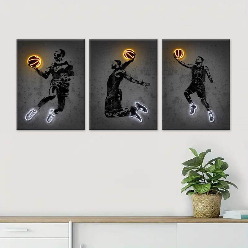Basketball Player Pattern Canvas Painting with Frame, 3 Counts Basketball Fan Poster, Wall Art Decor for Home Living Room Bedroom Office, Modern Home Decor