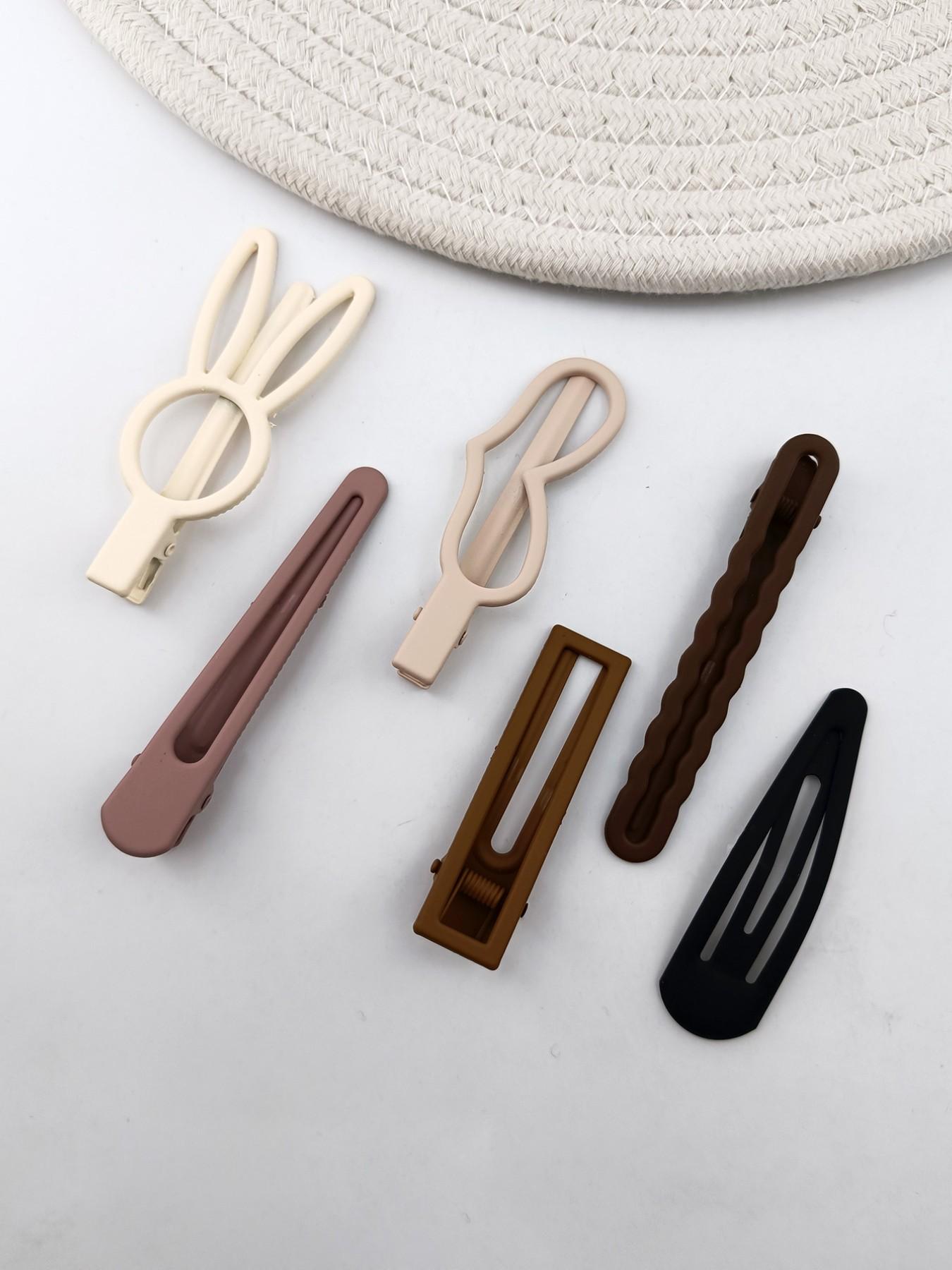 1 Pack 6 Pcs Coffee Color Frosted Duckbill Hair Clips, Metal Material, Cute Style, Various Sizes and Shapes, All Seasons Accessory