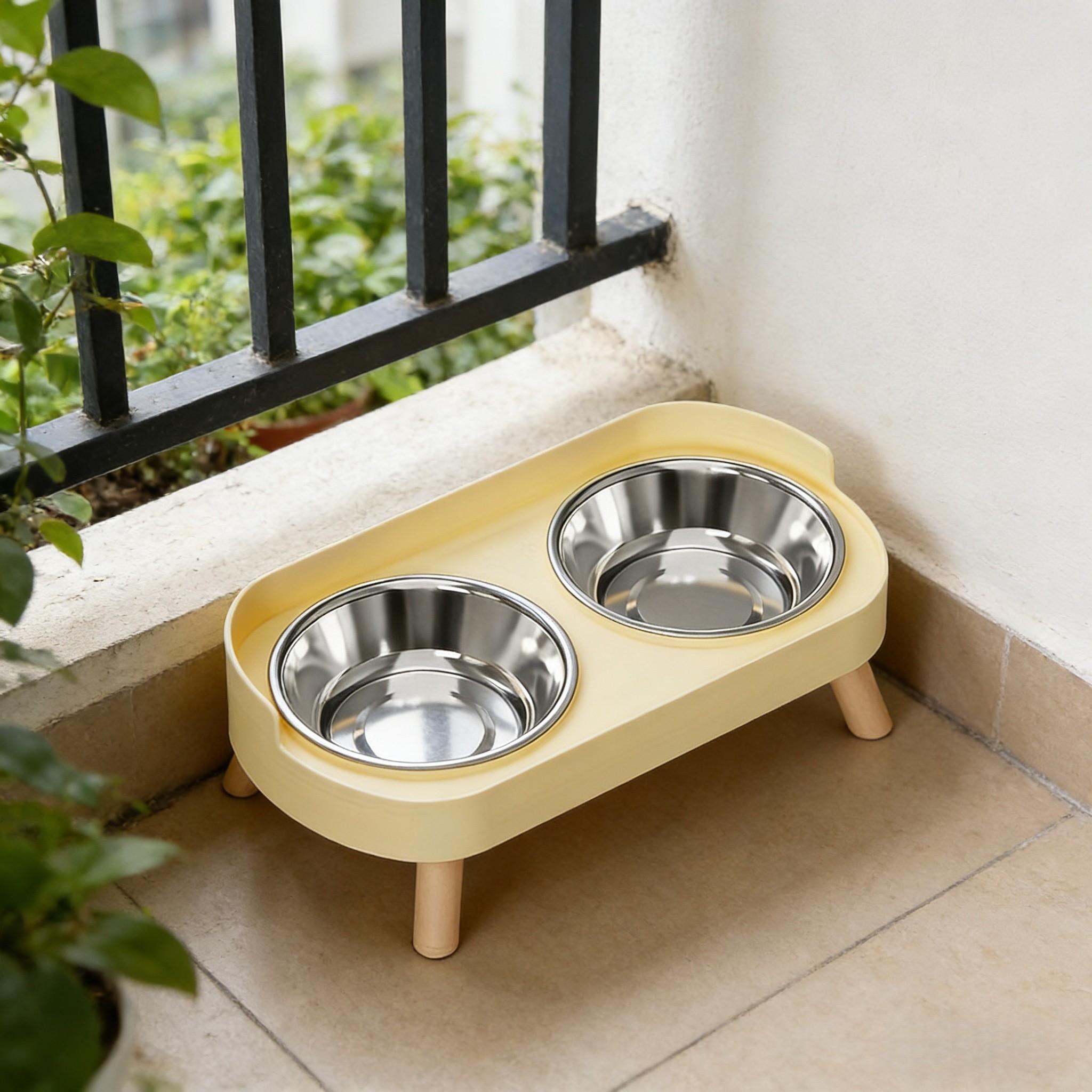 Pet Dual Bowl Food Dish, Scientific Neck Protection Design, Anti-Spill Wide Base, Stainless Steel, Water Bowl Included, Essential Pet Accessory