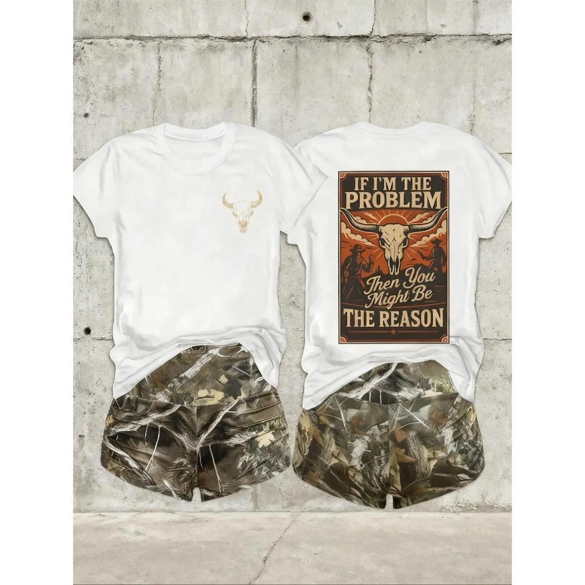 Women'S T-Shirt, Casual, Comfortable Fabric, Crew Neck Short-Sleeve, Loose-Fit, & Camouflage, Western Skull & Slogan Graphics