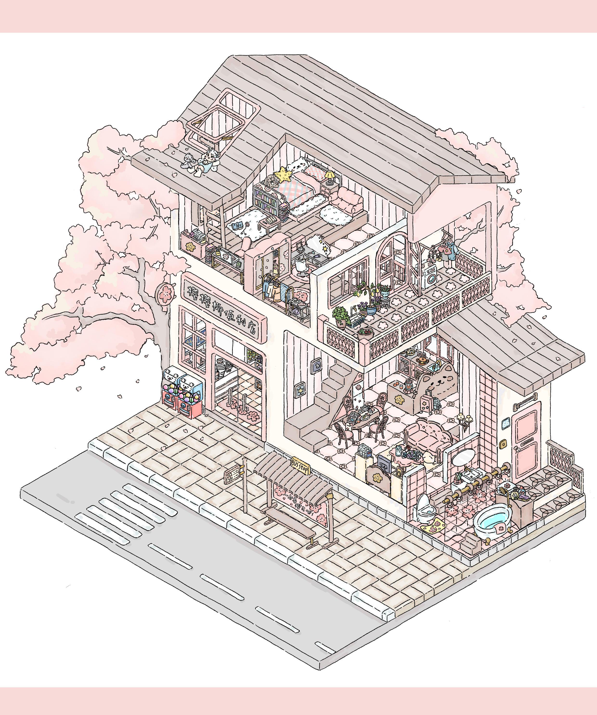 Spring Sakura Flowers Stickers, Floral House Miniature Landscape, Fantasy & Nature, DIY Kawaii Cherry Blossom Sticker Sheet