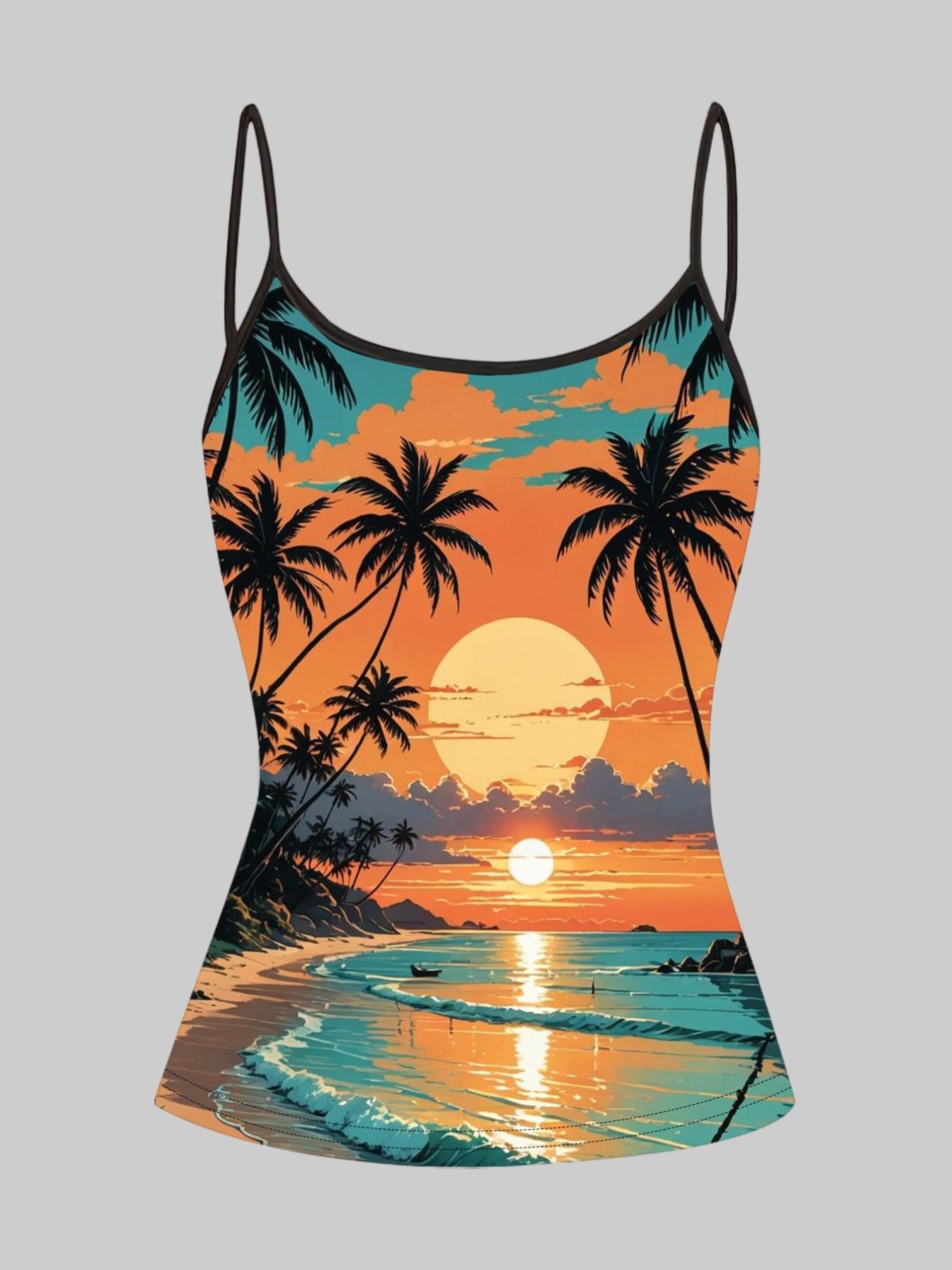 Beach Sunset Palm Tree Print Straps, Summer Home Sleepwear Outer Wear, Unique Slim Fit Top Set of Four Pieces