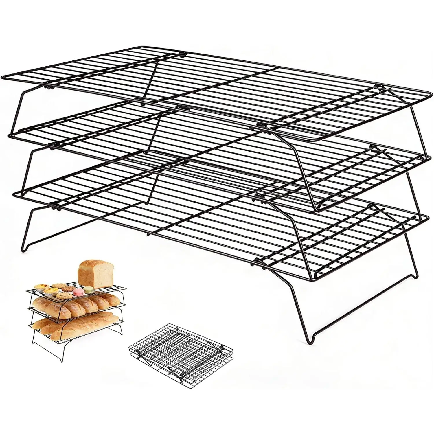 YFMHK 3-Tier Stackable Carbon Steel Cooling Rack Set, Non-Stick Baking Rack with Foldable Feet (40x25cm), Dishwasher-Safe Bakeware for Bread, Cakes