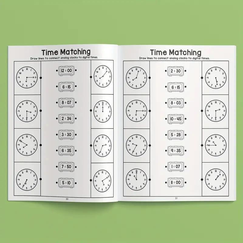 Elementary Time Practice Book, 32 Pages Math Learning Workbook with Colorful Clocks, Numbers & Letters, Home School Classroom Use
