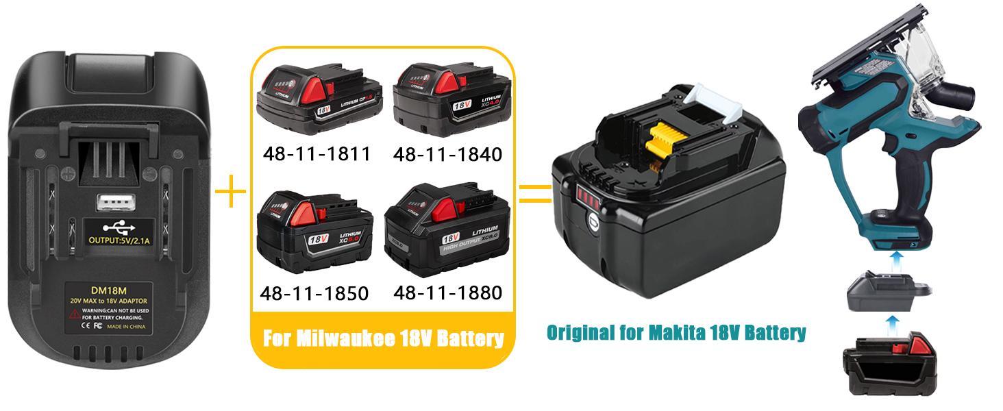 KUNLUN DM18M Converter Battery Adapter with USB Charging Socket for Dewalt 20V Battery & Milwaukee M18 18V Lithium Battery Converter to Makita 18V BL1830 BL1840 BL1850 Cordless Tools Use(Bare Adapter Only)